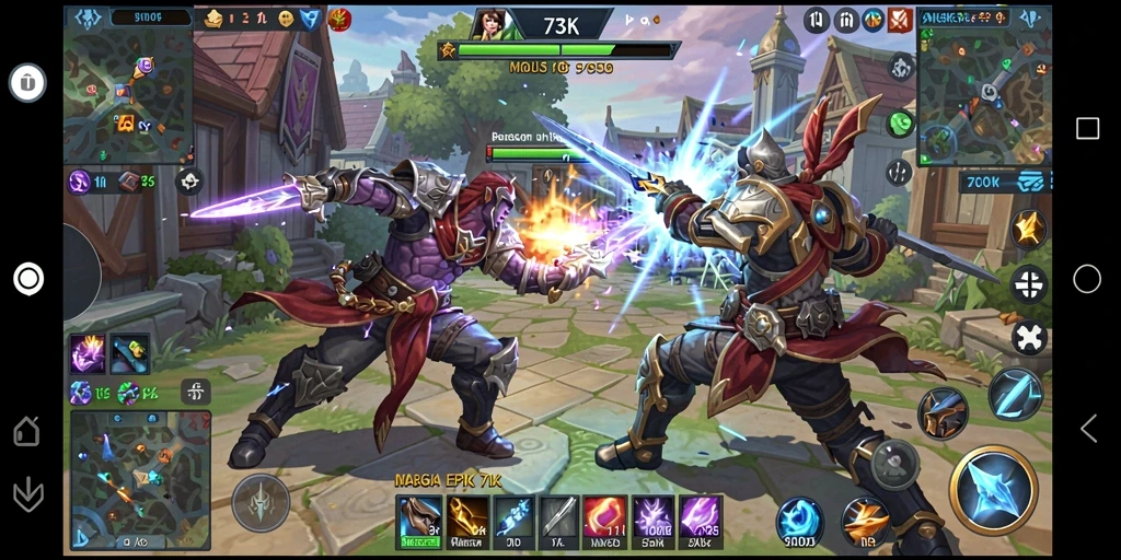 Tampilan seru gameplay 73K saat pertarungan tim dalam arena MOBA.