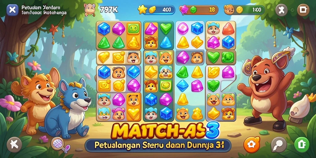 Tampilan interaktif permainan Match-3 yang seru dan penuh warna.