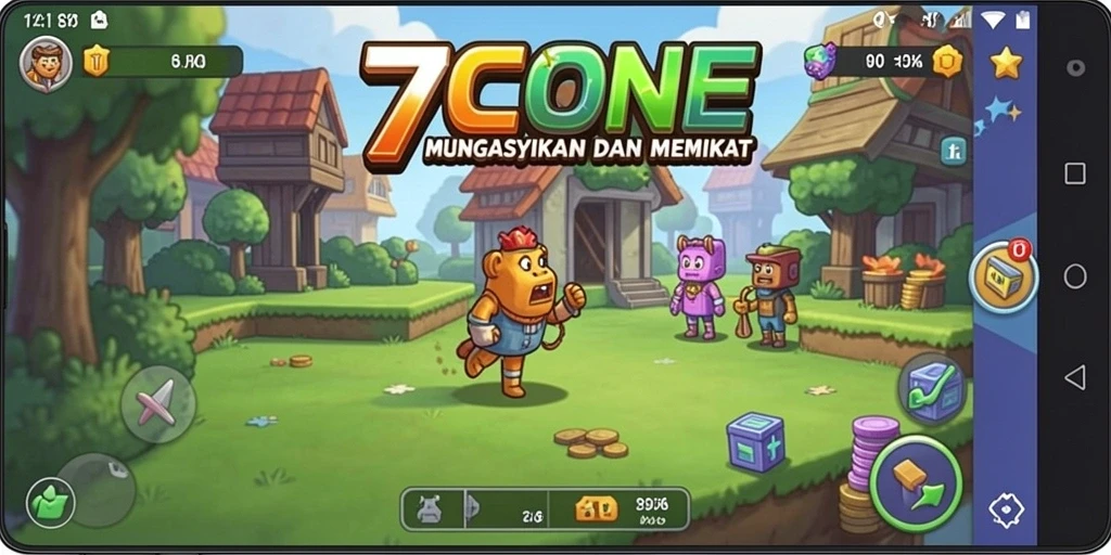 Screenshot gameplay 7CONE menampilkan karakter yang mengumpulkan sumber daya.