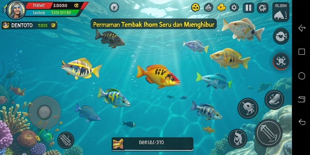 Screencapture gameplay DENTOTO menampilkan aksi menembak ikan yang seru.