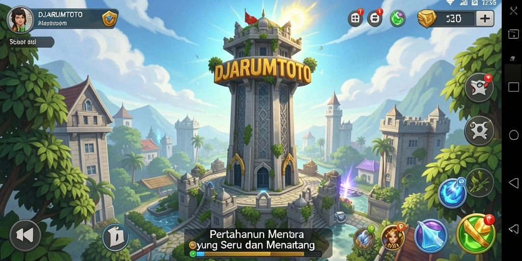 Screenshot gameplay <strong>DJARUMTOTO</strong> menunjukkan pertahanan menara yang strategis dan menarik.