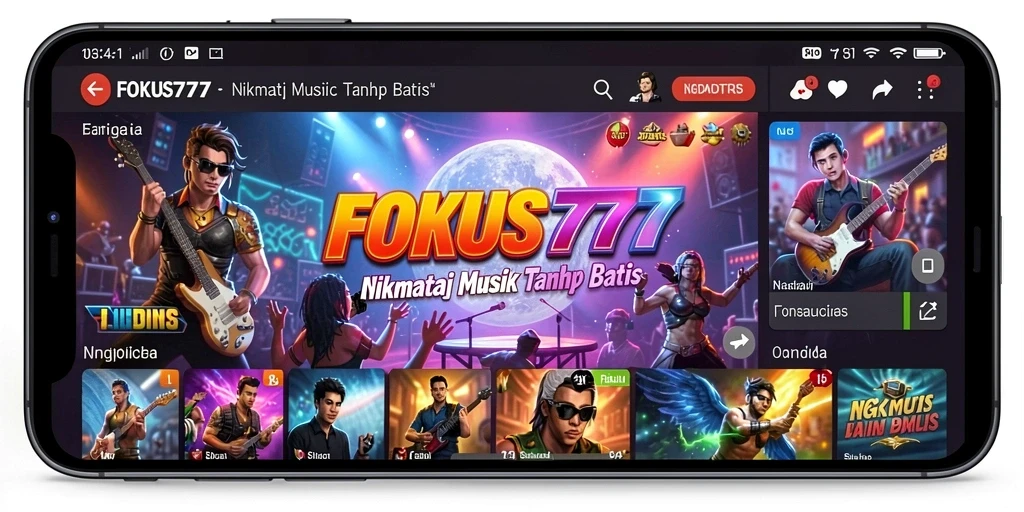 Tangkapan layar utama FOKUS777 menampilkan pengguna yang menikmati berbagai lagu.