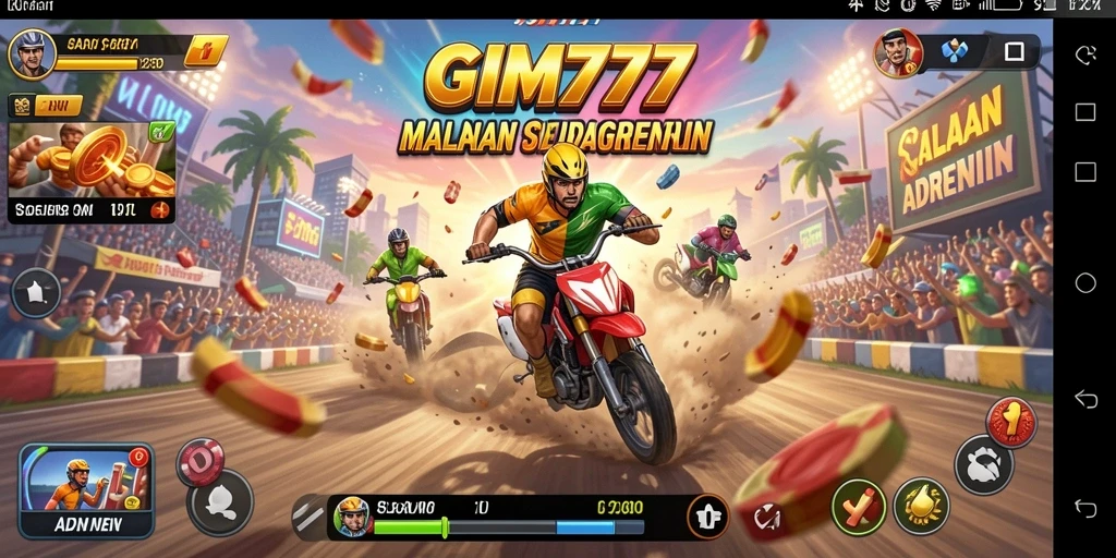 Tampilan gameplay seru dalam GIM777 saat melintasi trek balap.