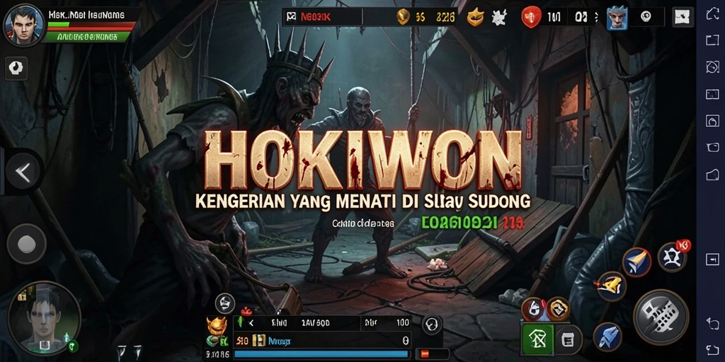 Screenshot utama HOKIWON menampilkan suasana angker dengan efek visual menakutkan.