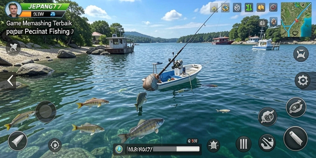 Screenshot gameplay JEPANG77 menampilkan pengalaman memancing yang seru.