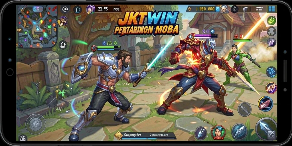Tampilan seru gameplay JKTWIN dalam pertarungan MOBA.