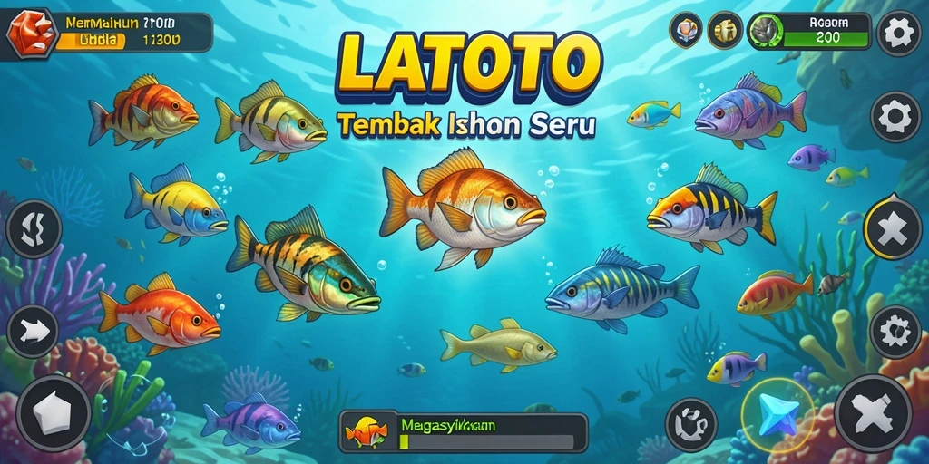 Screenshot utama LATOTO menampilkan aksi seru menembak ikan.