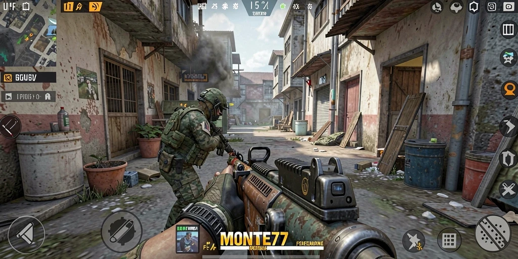 Screenshot utama MONTE77 menampilkan aksi tembak-menembak yang seru.