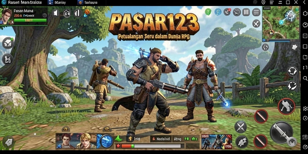 Screenshot utama PASAR123 menunjukkan pemain bertarung melawan makhluk fantastis.