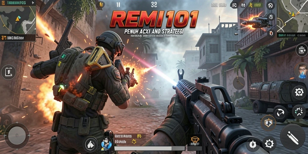 Screenshot utama REMI101 menampilkan aksi gameplay FPS yang dinamis dan mendebarkan.